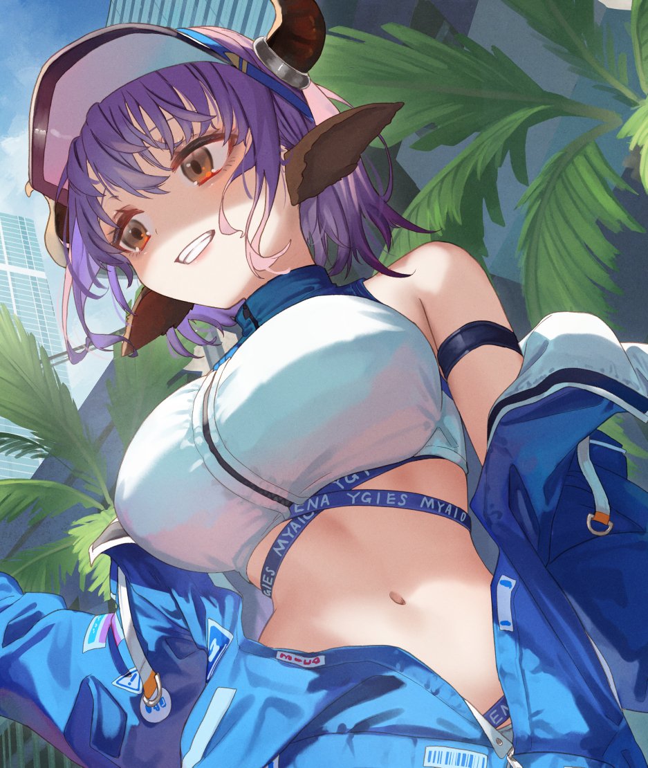 1girl animal_ears arknights arm_strap bare_shoulders blue_jacket breasts crop_top grin horns jacket large_breasts long_sleeves looking_to_the_side midriff navel off_shoulder official_art open_clothes open_jacket outdoors red_eyes saraki shirt sideroca_(arknights) sideroca_(light_breeze)_(arknights) sleeveless sleeveless_shirt sleeveless_turtleneck smile solo stomach strap turtleneck upper_body visor_cap white_shirt