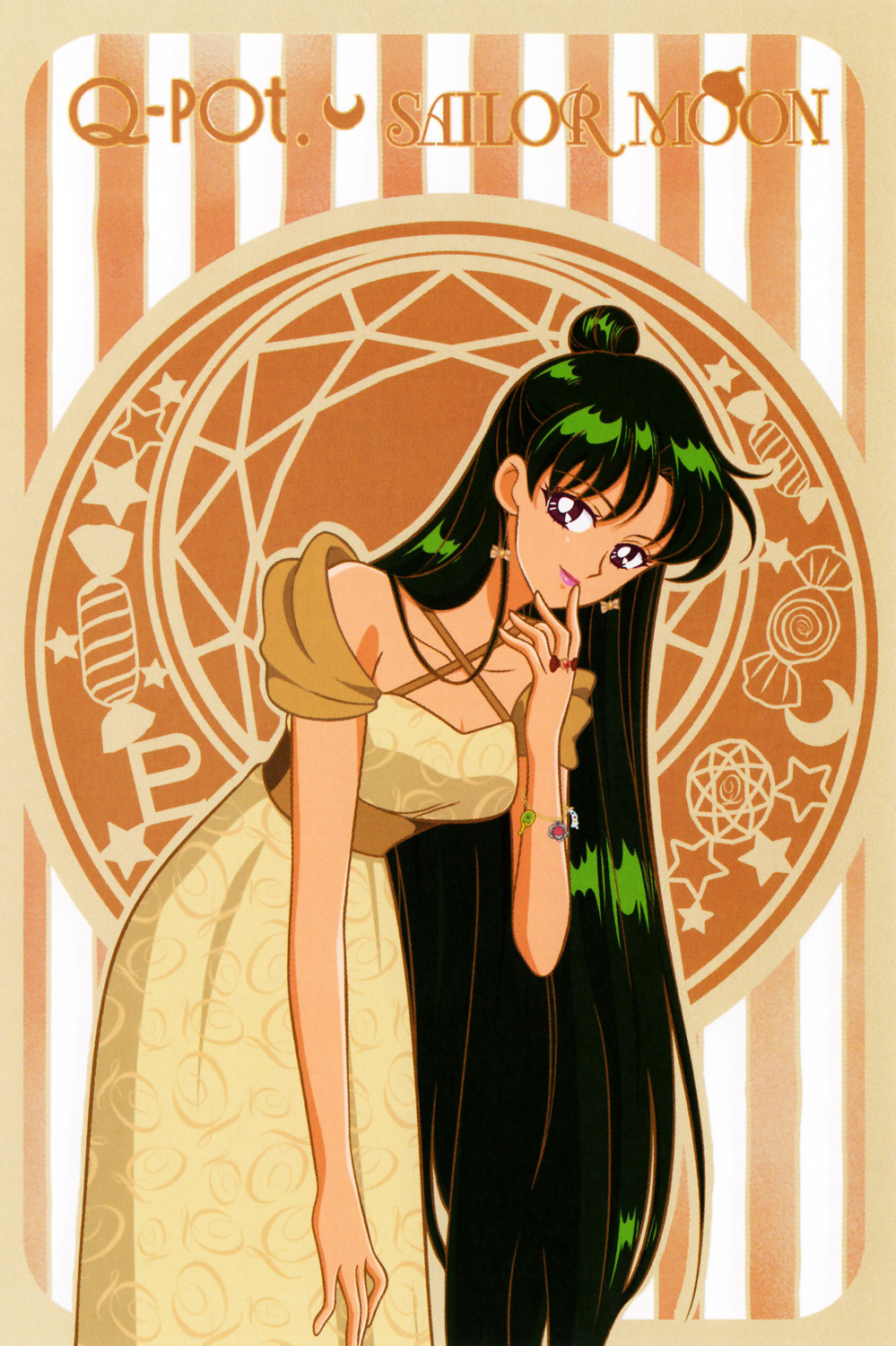 1990s_(style) 1girl bangs bishoujo_senshi_sailor_moon bracelet copyright_name dress finger_to_mouth green_hair hair_bun highres jewelry leaning_forward long_dress long_hair looking_at_viewer meiou_setsuna official_art retro_artstyle scan solo very_long_hair violet_eyes