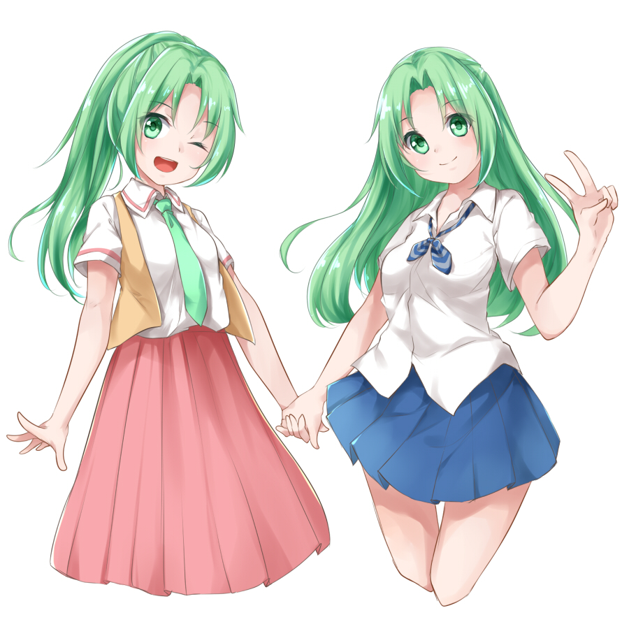2girls absurdres blush bow bowtie breasts contrapposto green_eyes green_hair hand_on_hip highres higurashi_no_naku_koro_ni hime0_mia large_breasts long_hair looking_at_viewer multiple_girls necktie open_mouth pleated_skirt ponytail red_neckwear red_skirt ribbon school_uniform shirt siblings sisters skirt smile sonozaki_mion sonozaki_shion twins white_shirt yellow_ribbon