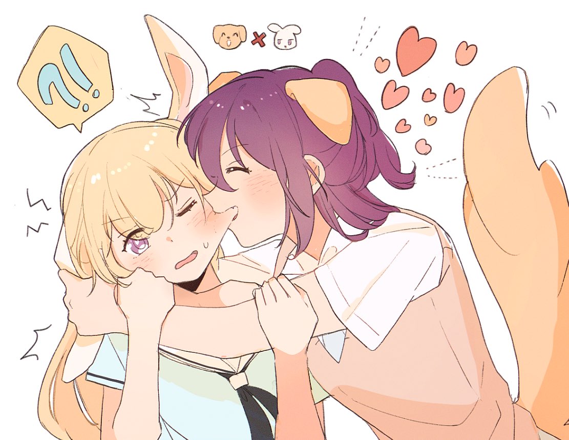 !? 2girls animal_ears bang_dream! blonde_hair blush cheek_pull closed_eyes commentary_request dated_commentary dog_ears dog_tail eyebrows_visible_through_hair heart long_hair multiple_girls one_eye_closed parted_lips purple_hair rabbit_ears seri_(vyrlw) seta_kaoru shirasagi_chisato short_hair spoken_interrobang sweatdrop tail violet_eyes yuri