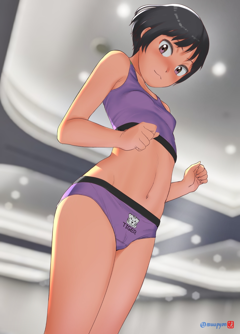 1girl :3 artist_name bangs black_hair blurry blurry_background blush bob_cut bra breasts chinese_zodiac closed_mouth commentary depth_of_field exhibitionism from_below highres long_sleeves looking_at_viewer looking_down mu-pyon nose_blush original panties print_panties public_indecency purple_bra purple_panties school_uniform shirt short_hair signature small_breasts solo sports_bra standing twitter_username underwear underwear_only violet_eyes white_shirt year_of_the_tiger