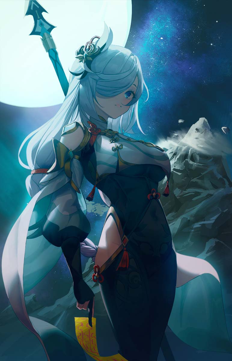 1girl bare_shoulders black_bodysuit black_gloves blue_eyes bodysuit breasts fingerless_gloves full_moon genshin_impact gloves hair_ornament hair_over_one_eye haires highres hip_vent large_breasts long_sleeves looking_at_viewer moon mountain night night_sky polearm puffy_long_sleeves puffy_sleeves shenhe_(genshin_impact) sky smile solo standing talisman under_boob weapon white_hair