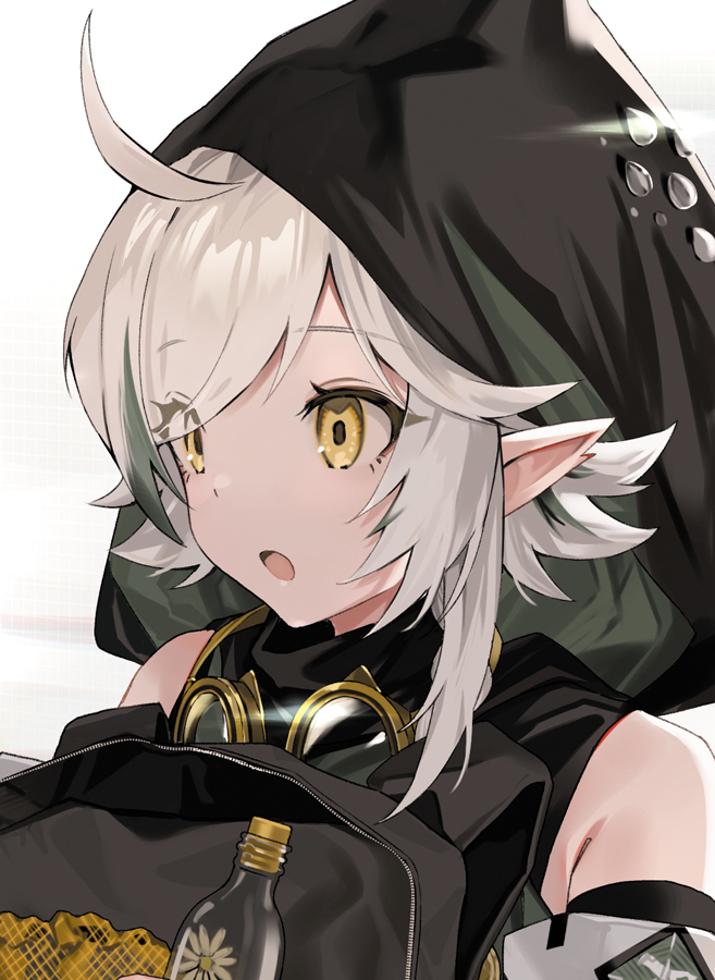 1girl :o ahoge arknights backpack bag bare_shoulders bottle goggles goggles_around_neck hood hood_up motto_(night_wear) open_mouth pointy_ears short_hair silver_hair simple_background solo tomimi_(arknights) upper_body white_background