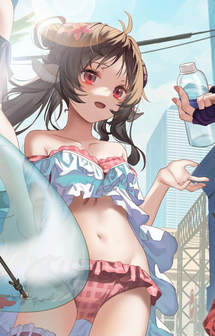 1girl :d animal_ears antenna_hair arknights bare_shoulders bikini brown_hair cowboy_shot day eyjafjalla_(arknights) eyjafjalla_(summer_flowers)_(arknights) frilled_bikini frills hair_bun long_hair looking_at_viewer navel official_alternate_costume official_art outdoors pink_bikini red_eyes saraki sheep_ears smile solo stomach swimsuit twintails