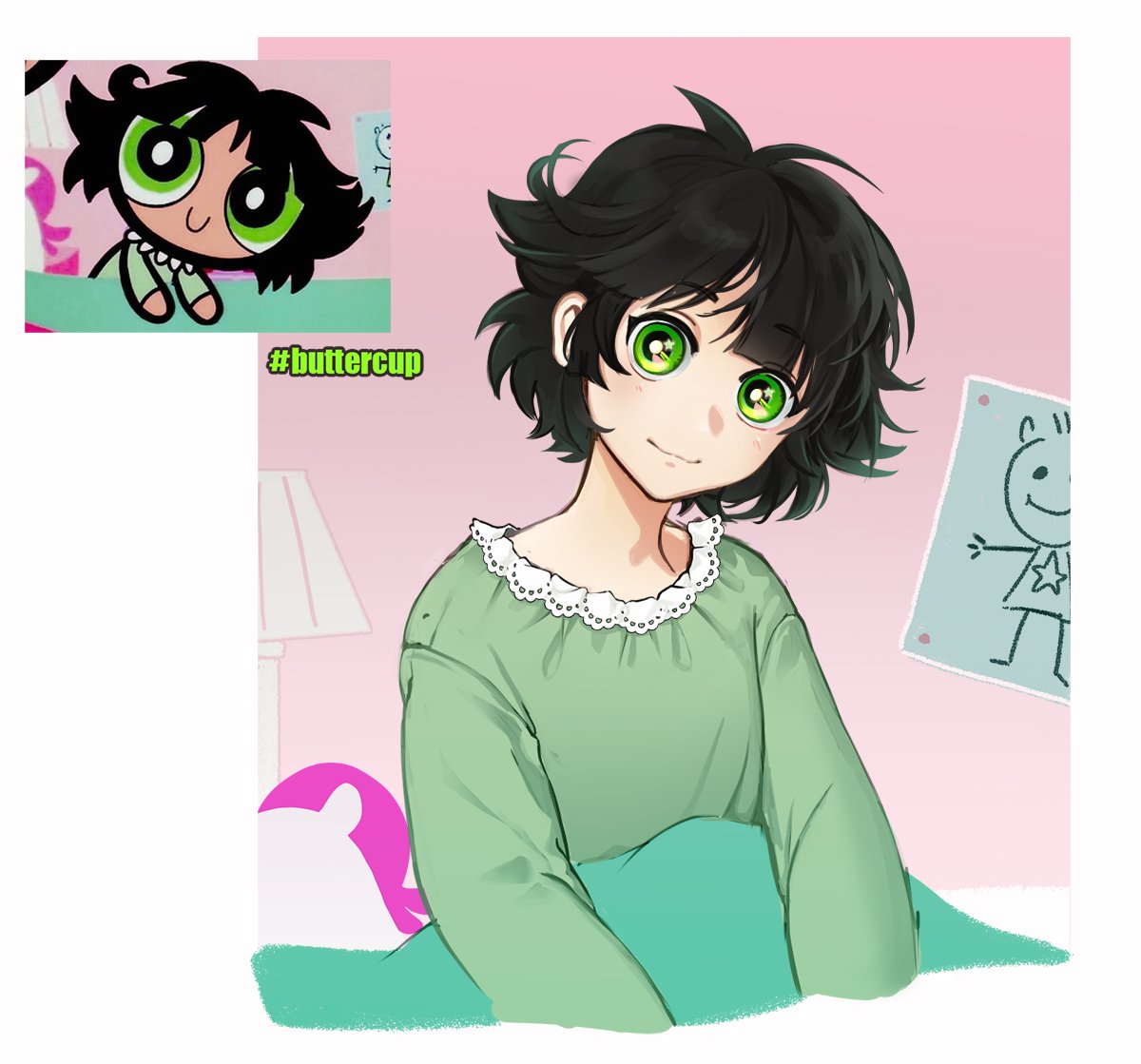 1girl archived_source black_hair bright_pupils buttercup_(ppg) buttercup_redraw_challenge derivative_work green_eyes green_pajamas lamp long_sleeves looking_at_viewer messy_hair powerpuff_girls rafflesia_d reference_inset screencap_redraw shadow solo under_covers white_pupils