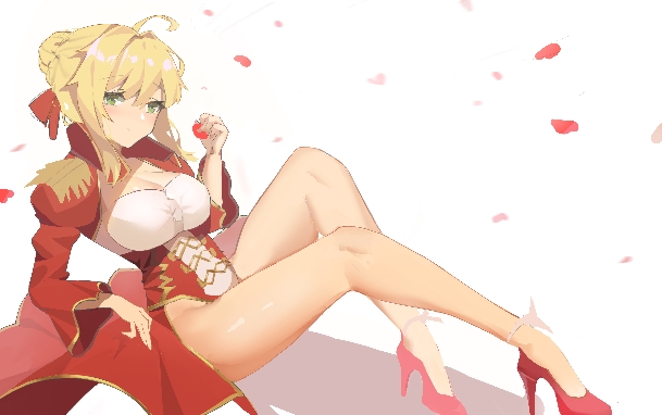 1girl aestus_estus ahoge blonde_hair braid breasts cleavage commentary_request dress epaulettes fate/extra fate/grand_order fate_(series) french_braid green_eyes hair_intakes hair_ribbon hyo_(pixiv33633368) juliet_sleeves large_breasts long_sleeves nero_claudius_(fate) nero_claudius_(fate)_(all) puffy_sleeves red_dress red_ribbon ribbon saber_extra see-through solo wide_sleeves