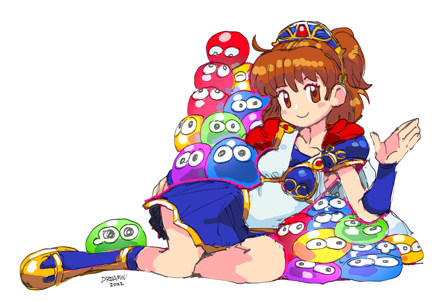 1girl arle_nadja armor artist_name blush boots bracer breastplate brown_eyes brown_hair cape collarbone commission dated dreaminerryday english_commentary headdress kneehighs madou_monogatari pauldrons puyo_(puyopuyo) puyopuyo short_hair shoulder_armor single_pauldron sitting skirt smile yokozuwari