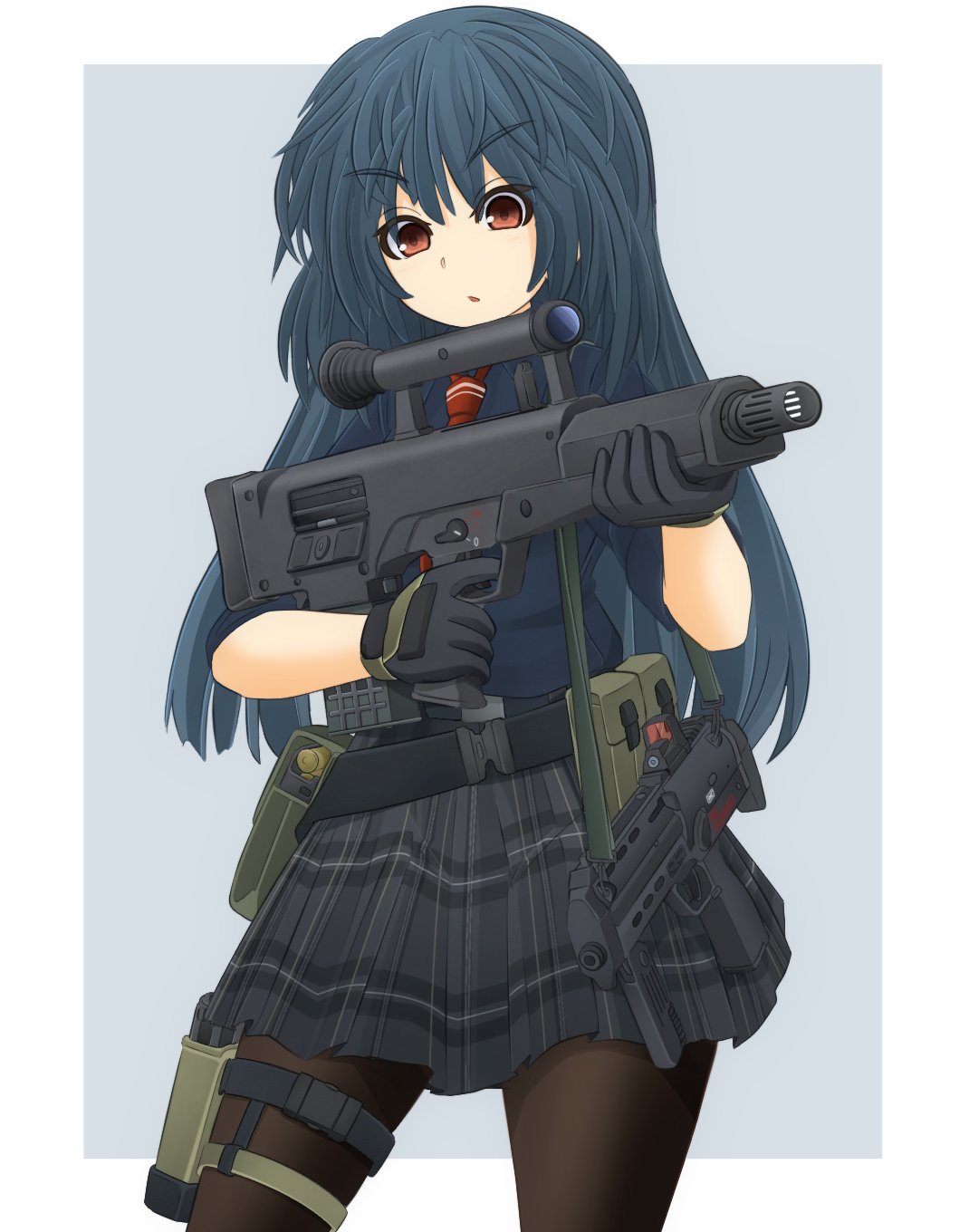 1girl bangs belt black_belt black_gloves black_legwear blue_hair blue_shirt border commentary_request cowboy_shot eyebrows_visible_through_hair gloves grey_background grey_skirt gun highres holding holding_gun holding_weapon holster long_hair looking_at_viewer magazine_(weapon) mikeran_(mikelan) miniskirt necktie original outside_border pantyhose parted_lips plaid plaid_skirt pleated_skirt red_eyes red_necktie scope shirt short_sleeves skirt solo standing submachine_gun thigh_holster thigh_strap utility_belt weapon weapon_request white_border