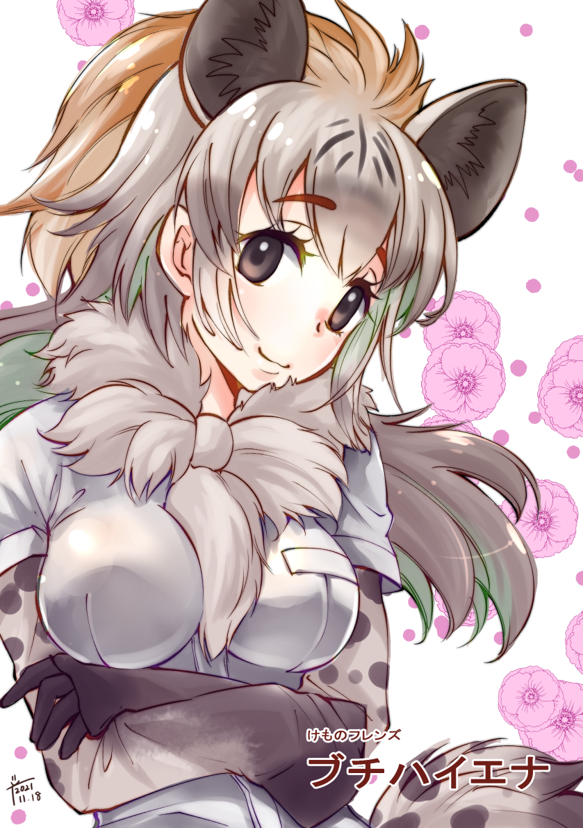 1girl animal_ears bangs black_eyes black_hair breast_pocket breasts brown_hair character_name chiki_yuuko closed_mouth colored_inner_hair crossed_arms dated extra_ears eyebrows_visible_through_hair floating_hair floral_background flower fur_scarf gloves green_hair grey_hair head_tilt hyena_ears hyena_girl hyena_tail impossible_clothes impossible_shirt kemono_friends layered_sleeves long_hair long_sleeves looking_at_viewer medium_breasts multicolored_hair pocket print_sleeves scarf shirt short_over_long_sleeves short_sleeves sidelocks sleeves_past_wrists smile solo spotted_hyena_(kemono_friends) tail upper_body white_shirt