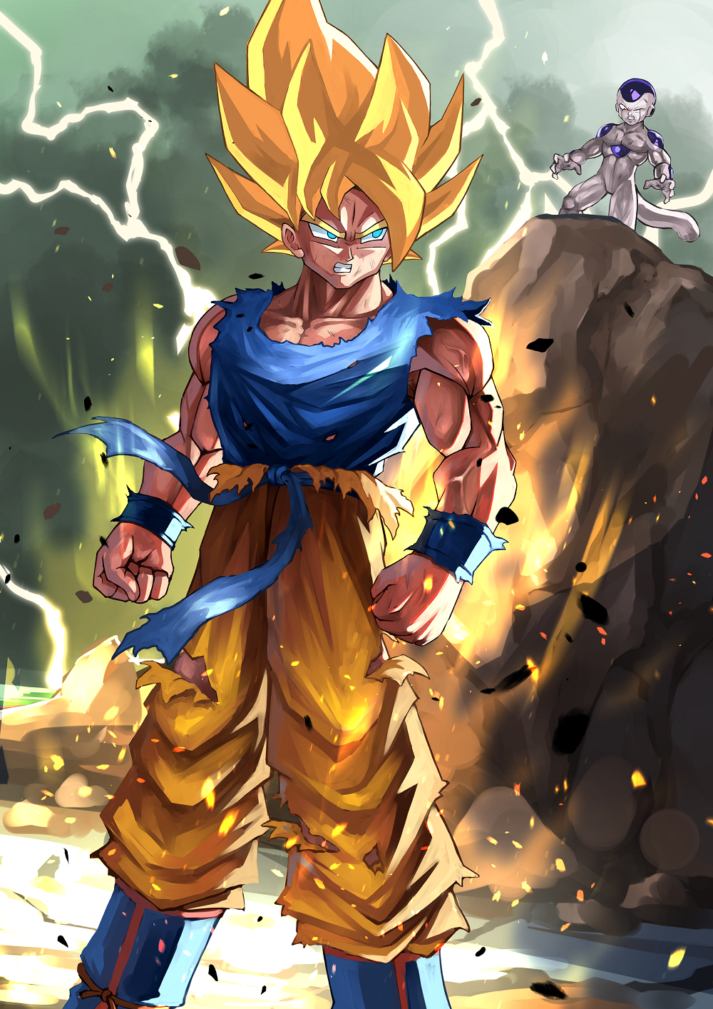 2boys angry aura blonde_hair boots clouds day dougi dragon_ball dragon_ball_z frieza frieza_clan green_eyes green_sky highres lightning long_hair male_focus multiple_boys muscular namek ocean one_eye_closed outdoors pants red_eyes sky solo_focus son_goku spiky_hair super_saiyan super_saiyan_1 tail tesshii_(riza4828) torn_clothes wristband