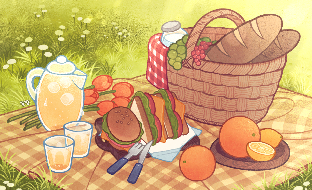 bottle cheese cup flower food food_focus fork fruit grapes grass ice ice_cube im_honeybread knife lettuce loaf_of_bread milk_bottle no_humans orange_(fruit) original outdoors picnic picnic_basket plant red_flower red_tulip sandwich tomato tulip white_flower