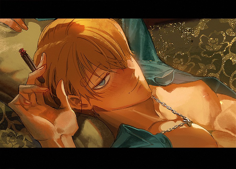 1boy aqua_shirt bangs bare_pectorals black_border blonde_hair blue_eyes blush border chain_necklace cigarette closed_mouth hair_over_one_eye holding holding_cigarette jewelry large_pectorals male_focus necklace nipples one_eye_covered one_piece open_clothes open_shirt pectorals runa_(artist) sanji scene_reference shirt short_hair smile solo titanic