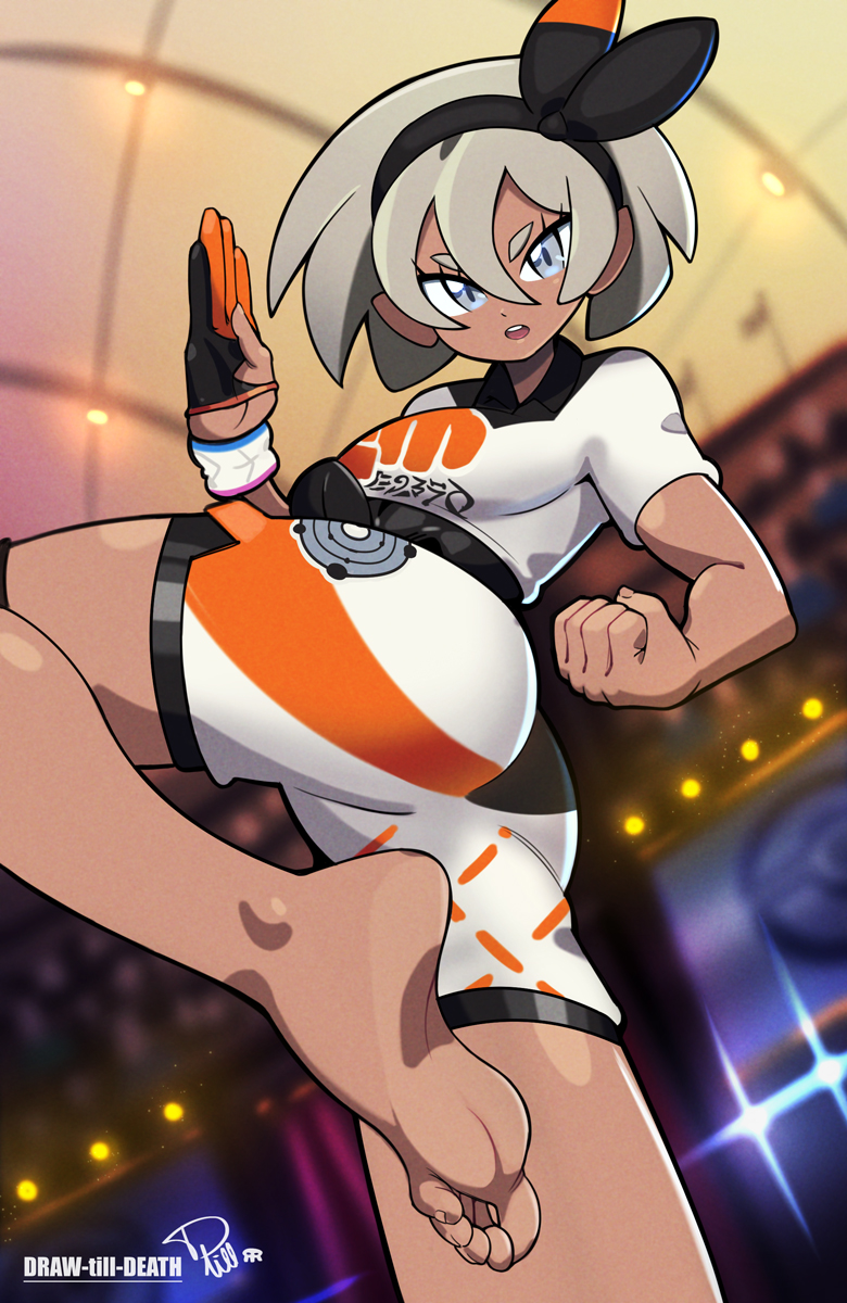 1girl bangs barefoot bea_(pokemon) black_bodysuit black_hairband bodysuit bodysuit_under_clothes bow_hairband clenched_hand collared_shirt commentary draw-till-death dynamax_band eyelashes from_below gloves grey_eyes grey_hair hair_between_eyes hairband highres leg_up open_mouth partially_fingerless_gloves pokemon pokemon_(game) pokemon_swsh print_shirt print_shorts shirt short_hair short_sleeves shorts side_slit side_slit_shorts single_glove soles solo stadium teeth upper_teeth