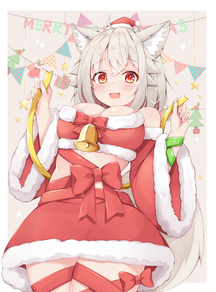 1girl animal_ears arm_ribbon bangs bare_shoulders bell belt blush border bow bra breasts detached_sleeves english_text eyebrows_visible_through_hair eyes_visible_through_hair green_ribbon grey_background hair_between_eyes hands_up inubashiri_momiji long_sleeves looking_at_viewer medium_breasts merry_christmas miniskirt open_mouth red_belt red_bow red_bra red_eyes red_skirt ribbon rururiaru santa_costume short_hair silver_hair skirt smile solo standing star_(symbol) tail tape touhou underwear white_border wide_sleeves wolf_ears wolf_tail