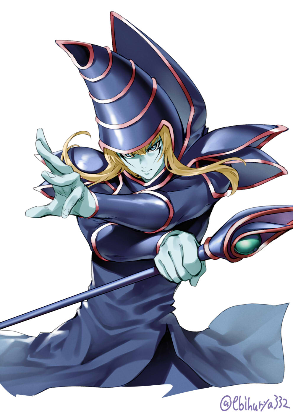1boy blonde_hair blue_eyes closed_mouth colored_skin dark_magician duel_monster ebifurya green_skin hat highres holding holding_staff male_focus serious simple_background solo staff upper_body white_background wizard_hat yu-gi-oh! yu-gi-oh!_duel_monsters yuu-gi-ou yuu-gi-ou_duel_monsters