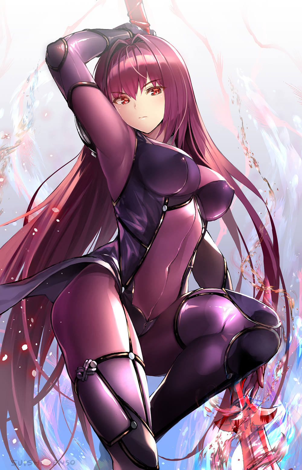 1girl absurdres armor bangs blush bodysuit breasts fate/grand_order fate_(series) gae_bolg hair_between_eyes highres huge_filesize large_breasts long_hair looking_at_viewer pauldrons polearm purple_bodysuit purple_hair red_eyes scathach_(fate)_(all) scathach_(fate/grand_order) shoulder_armor smile spear thighs we_genn weapon