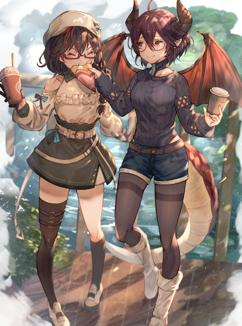 2girls ahoge ascot asymmetrical_legwear ayacho beret bespectacled boots braid braided_ponytail breasts brown_hair character_request closed_eyes closed_mouth clothing_cutout collarbone denim denim_shorts dragon_girl dragon_horns dragon_tail dragon_wings dress drink eating food frilled_dress frills full_body glasses granblue_fantasy grea_(shingeki_no_bahamut) hat highres horns kneehighs large_breasts leotard light_smile long_hair long_sleeves looking_at_another miniskirt multicolored_hair multiple_girls o-ring outdoors pantyhose pointy_ears purple_hair red_eyes ribbed_leotard ribbed_sweater sharing_food short_hair short_shorts shorts shoulder_cutout single_kneehigh single_thighhigh skirt streaked_hair sweater tail taut_clothes taut_sweater thigh-highs thigh_strap thighband_pantyhose walking water white_footwear wings yellow-framed_eyewear zettai_ryouiki