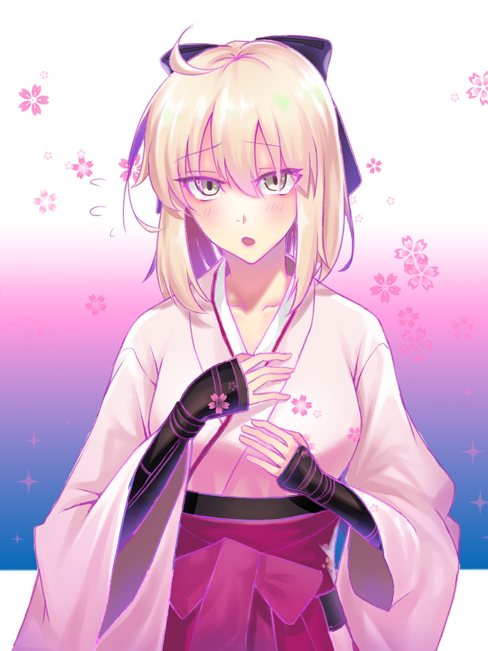 1girl absurdres ahoge bangs black_bow blonde_hair bow cherry_blossoms day fate/grand_order fate_(series) floating_hair hair_between_eyes hair_bow hakama highres japanese_clothes kimono koha-ace long_sleeves looking_at_viewer okita_souji_(fate) okita_souji_(fate)_(all) okita_souji_(koha/ace) outdoors petals pink_flower pink_kimono red_hakama shiny shiny_hair short_hair smile solo standing uha wagashi wide_sleeves yellow_eyes