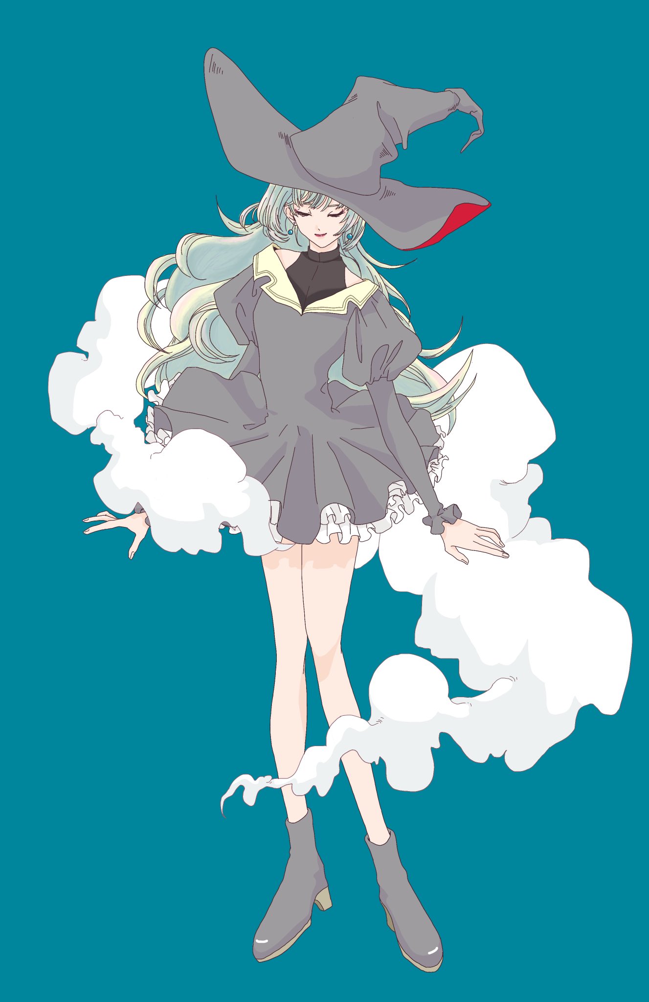 1girl bangs bare_legs blue_background boots closed_eyes clouds dawdly dress earrings frilled_dress frills grey_dress grey_footwear grey_headwear hat highres jewelry juliet_sleeves long_hair long_sleeves original platinum_blonde_hair puffy_sleeves simple_background smile solo witch_hat