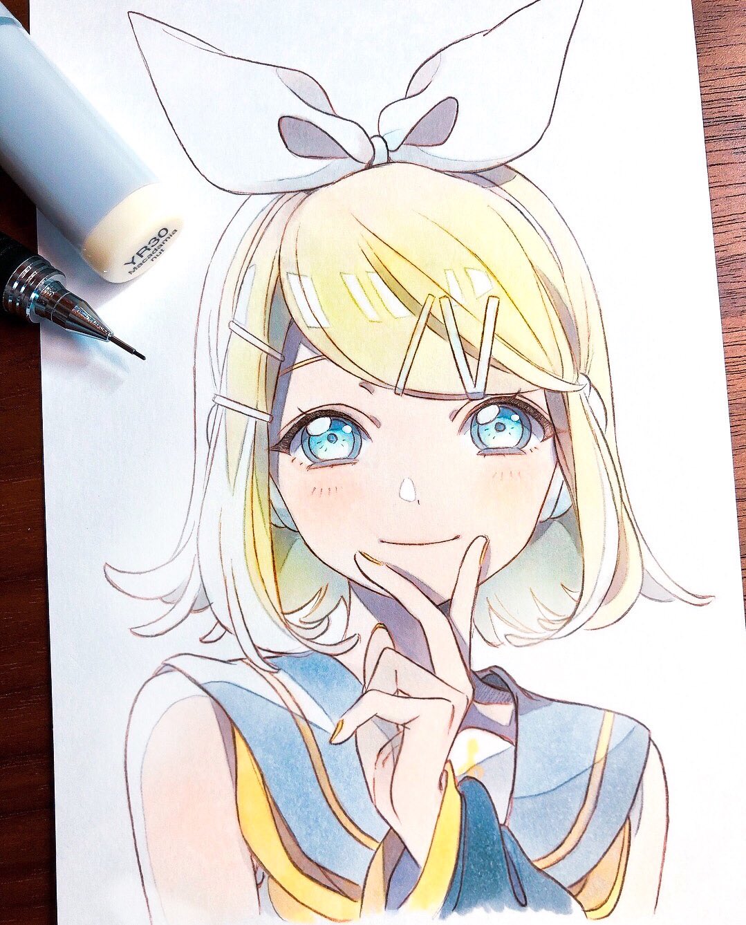 1girl arms_at_sides bangs bare_shoulders black_sailor_collar blonde_hair blue_eyes bow close-up cropped_torso dot_nose fingernails graphite_(medium) hair_bow hair_ornament hairclip half-closed_eyes hand_on_own_chin hand_up happy headset highres kagamine_rin light_blush long_sleeves looking_at_viewer marker_(medium) neckerchief pato_(ptro) photo_(medium) sailor_collar short_hair simple_background smile solo swept_bangs traditional_media tsurime upper_body vocaloid white_background white_bow yellow_nails yellow_neckerchief