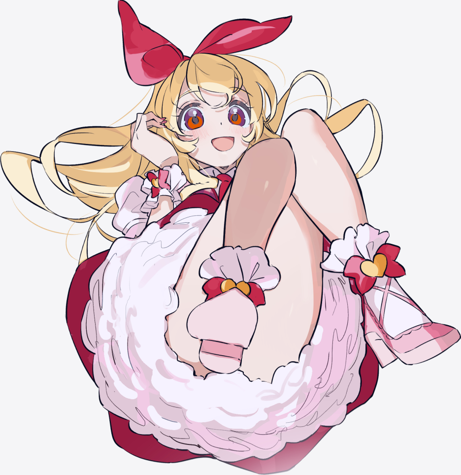 1girl aikatsu!_(series) bare_legs blonde_hair bow commentary_request dress eyebrows_visible_through_hair floating_hair from_below full_body hair_bow heart hoshimiya_ichigo long_hair looking_at_viewer open_mouth partial_commentary petticoat pink_dress pink_footwear pink_skirt puffy_short_sleeves puffy_sleeves red_bow red_eyes shoe_soles short_sleeves simple_background skirt smile solo upskirt white_background yamamura_saki