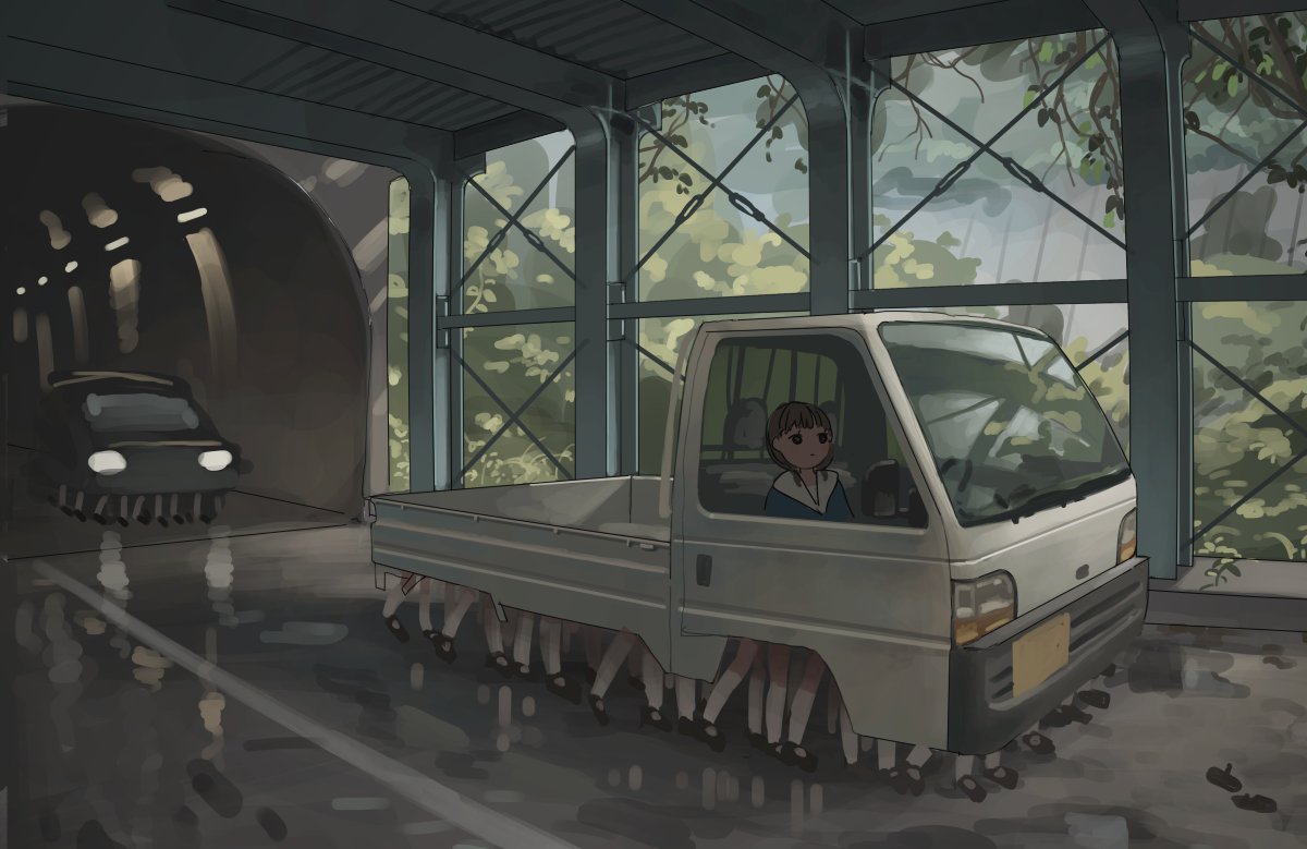 1girl car dai3syougen expressionless extra_legs ground_vehicle motor_vehicle original plant reflection road shoes shoes_removed socks truck tunnel vines what