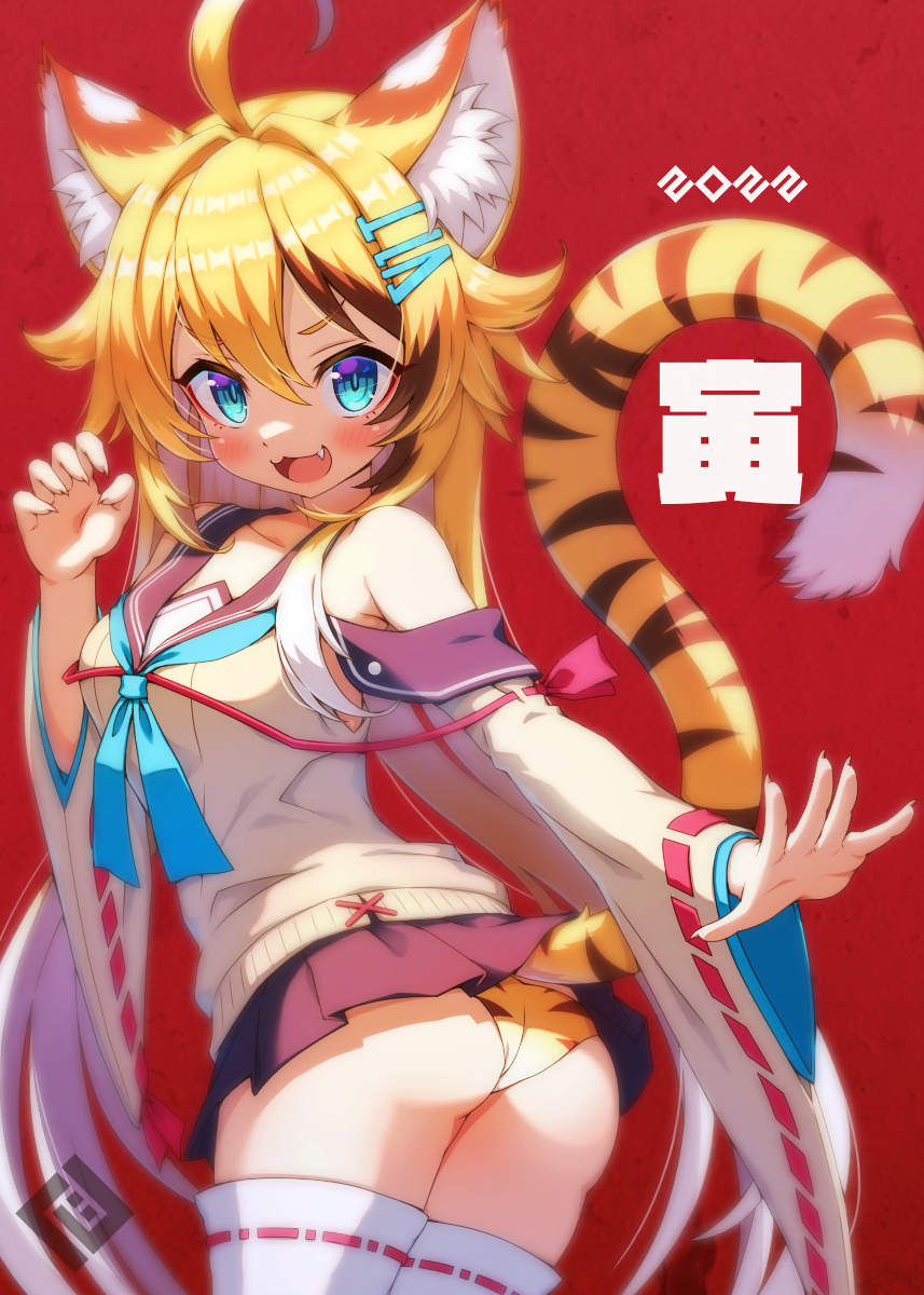 1girl :d ahoge animal_ears animal_print ass black_skirt blonde_hair chinese_zodiac claws commentary_request fang highres long_hair looking_at_viewer miniskirt new_year open_mouth original panties print_panties red_background school_uniform skirt smile solo tail thigh-highs tiger_ears tiger_print tiger_tail tsuji underwear white_legwear wide_sleeves year_of_the_tiger yellow_panties