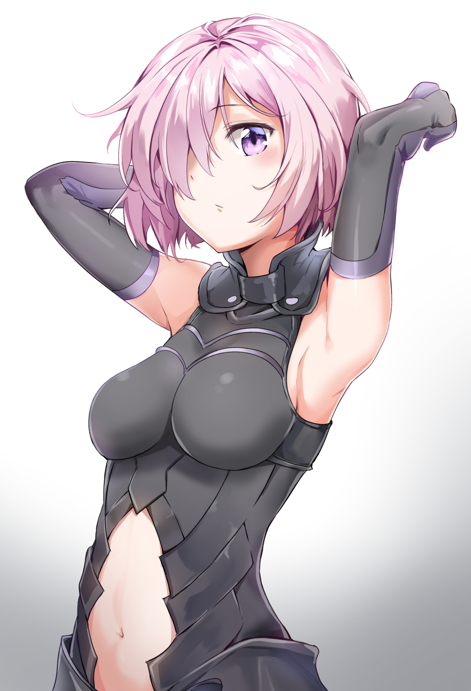 1girl armor bare_shoulders black_armor black_gloves breastplate closed_mouth clouds cloudy_sky commentary_request elbow_gloves eyebrows_visible_through_hair eyes_visible_through_hair fate/grand_order fate_(series) gloves grass hair_over_one_eye highres holding holding_shield holding_weapon light_purple_hair looking_at_viewer mash_kyrielight mountain out_of_frame outdoors pov purple_eyes purple_gloves shield shielder_(fate/grand_order) short_hair sunhyun two-tone_gloves weapon