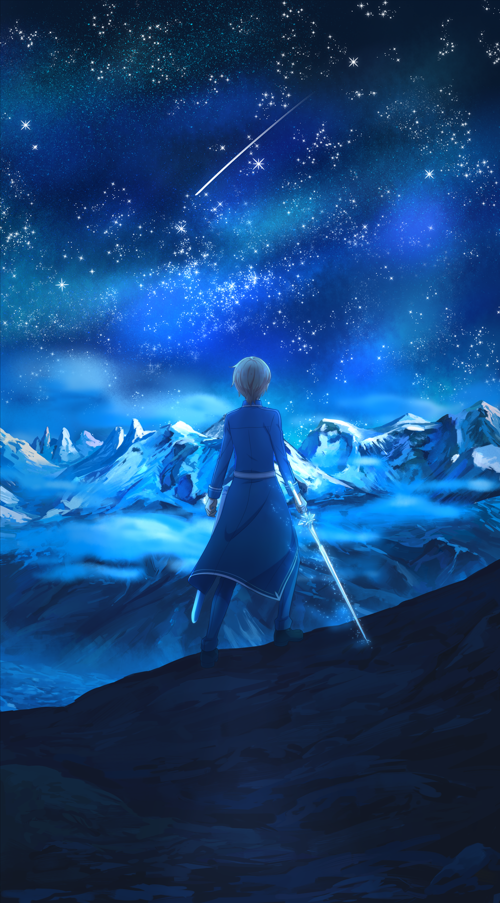 1boy back blonde_hair blue_coat blue_pants blue_rose_sword coat eugeo fcc highres holding holding_sword holding_weapon long_coat male_focus mountain night night_sky outdoors pants scenery short_hair sky solo star_(sky) starry_sky sword sword_art_online sword_art_online:_alicization weapon