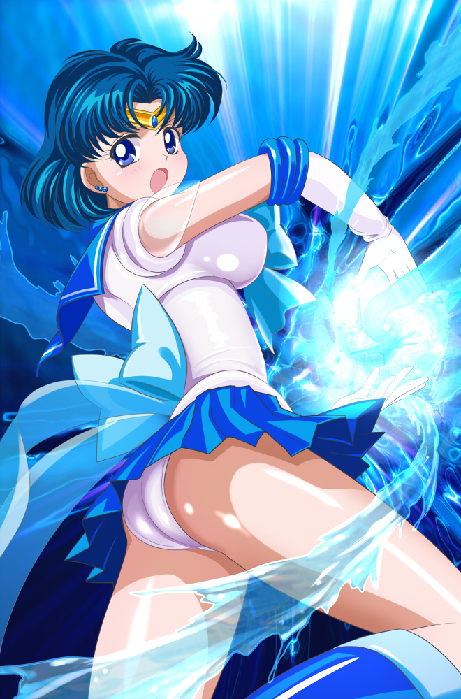 1girl back_bow bangs bishoujo_senshi_sailor_moon blue_bow blue_choker blue_eyes blue_hair blue_sailor_collar blue_skirt bob_cut bow choker commentary_request earrings elbow_gloves from_side gloves hand_on_own_arm highres jewelry leotard looking_at_viewer magical_girl miniskirt mizuno_ami oyaman pleated_skirt sailor_collar sailor_mercury sailor_senshi_uniform sekoipirochi short_hair skirt sleeveless smile solo standing stud_earrings tiara white_gloves white_leotard