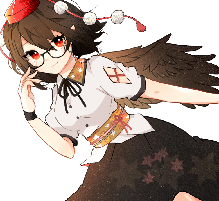 1girl arm_up bangs bird_wings black_ribbon black_skirt black_wristband blush breasts brown_hair buttons closed_mouth eyelashes feathered_wings feet_out_of_frame hat leaf_print looking_at_viewer medium_breasts neck_ribbon necono_(nyu6poko) obi pointy_ears pom_pom_(clothes) red_eyes red_headwear ribbon rimless_eyewear sash shameimaru_aya short_hair short_sleeves simple_background skirt smile solo tokin_hat touhou white_background wing_collar wings