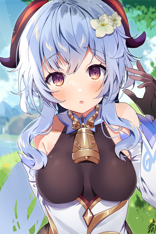 :o bangs bare_shoulders bell black_gloves blue_hair blush breasts detached_sleeves eyebrows_visible_through_hair flower ganyu_(genshin_impact) genshin_impact gloves gold_trim hair_flower hair_ornament horns long_hair looking_at_viewer medium_breasts neck_bell omuretsu open_mouth outdoors qingxin_flower sidelocks solo upper_body violet_eyes white_flower white_sleeves