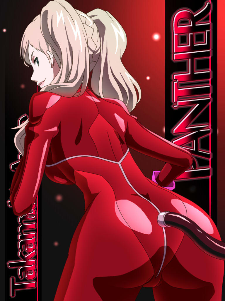 1girl ass awa blonde_hair blue_eyes bodysuit breasts closed_mouth fake_tail gloves long_hair looking_at_viewer persona persona_5 persona_5_the_animation smile solo tail takamaki_anne twintails
