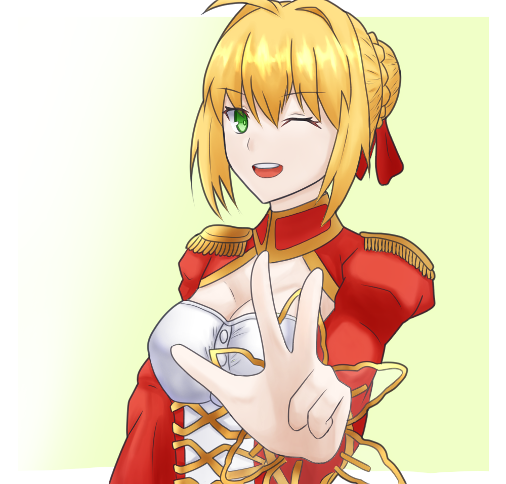 1girl aestus_estus ahoge blonde_hair braid breasts cleavage commentary_request dia_(pixiv40989354) dress epaulettes fate/extra fate/grand_order fate_(series) french_braid green_eyes hair_intakes hair_ribbon juliet_sleeves large_breasts long_sleeves nero_claudius_(fate) nero_claudius_(fate)_(all) puffy_sleeves red_dress red_ribbon ribbon saber_extra see-through solo wide_sleeves