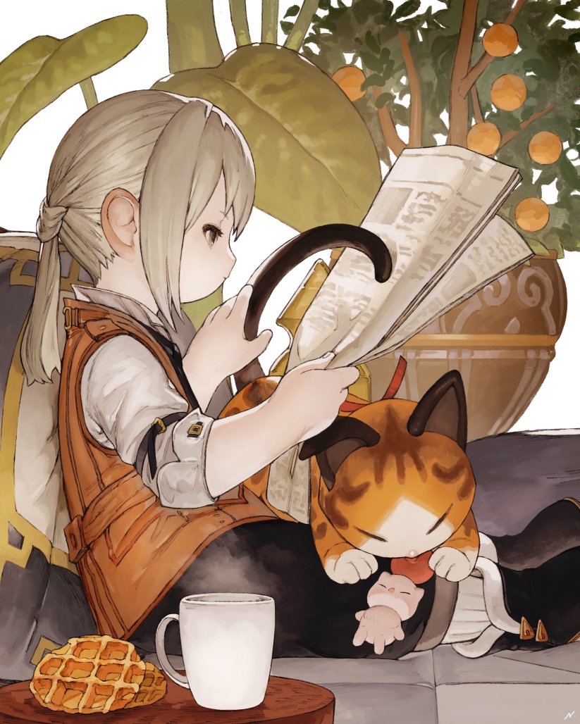 1girl animal_on_lap avatar_(ff14) bangs black_footwear black_pants blonde_hair boots brown_jacket cat cat_on_lap character_doll collared_shirt couch cup final_fantasy final_fantasy_xiv food from_side full_body grey_eyes holding holding_newspaper jacket lalafell leaf medium_hair moogle mug n122425 newspaper on_couch pants petting plant pointy_ears ponytail profile reading shirt sitting sleeveless sleeveless_jacket solo steam table vase waffle white_background white_shirt