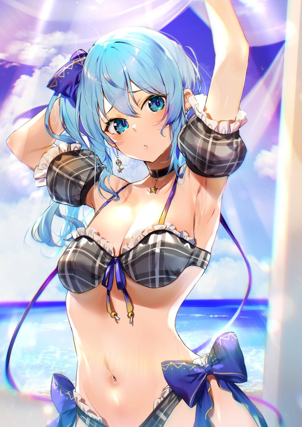 1girl armpits arms_up bare_shoulders beach bikini black_choker blue_bow blue_eyes blue_hair blush bow breasts choker commentary_request day detached_sleeves earrings frilled_sleeves frills front-tie_bikini front-tie_top grey_bikini hair_bow hair_ribbon highres hololive hoshimachi_suisei jewelry kasumi_komo long_hair looking_at_viewer medium_breasts navel ocean outdoors parted_lips plaid plaid_bikini ribbon side-tie_bikini side_ponytail solo star_(symbol) star_in_eye stomach string_bikini swimsuit symbol_in_eye thigh-highs upper_body virtual_youtuber