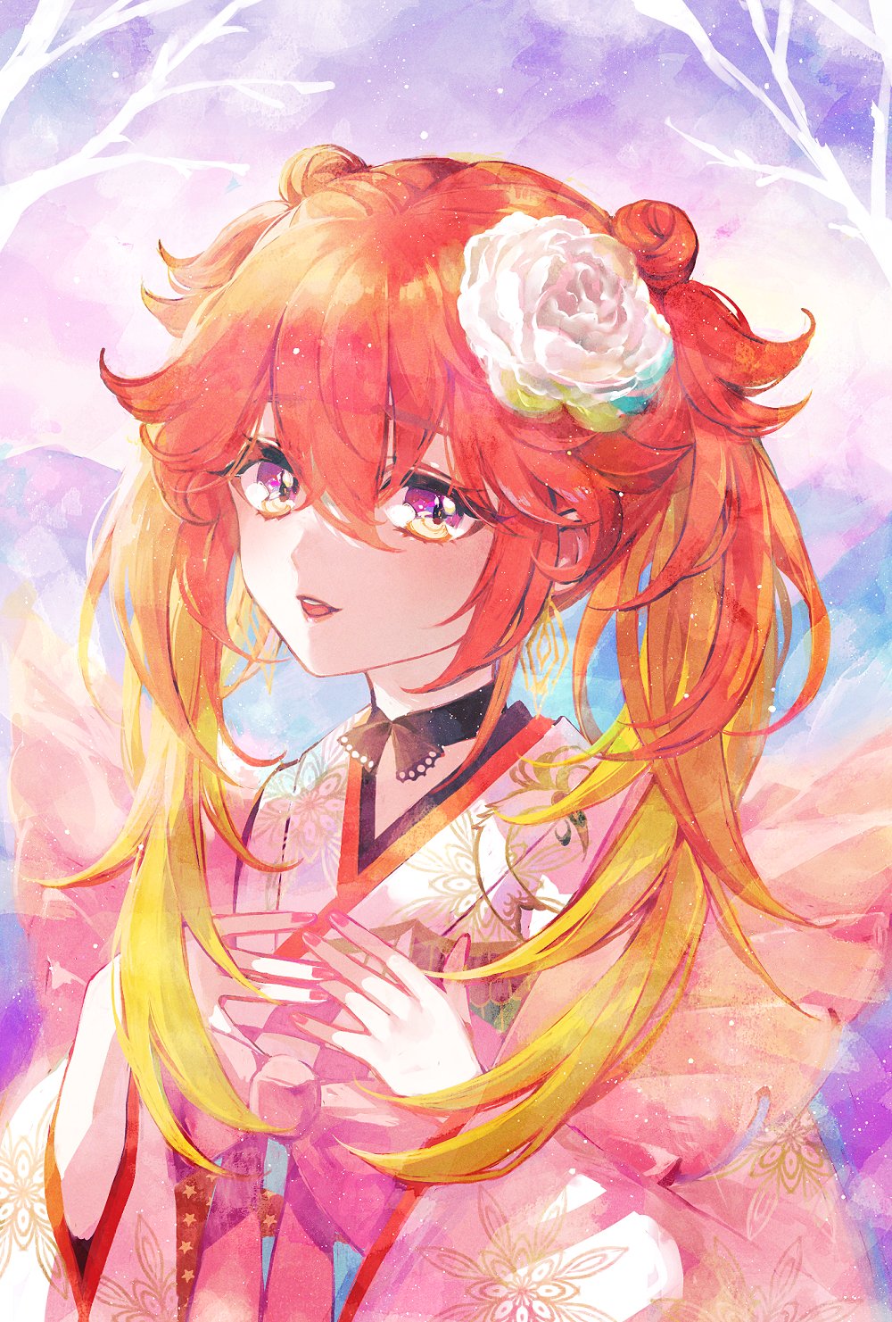 1girl bangs black_choker bow choker double_bun eyebrows_visible_through_hair flower hair_flower hair_ornament highres hololive hololive_english japanese_clothes kimono mamaloni official_alternate_costume open_mouth pink_bow pink_kimono pink_nails portrait smile solo takanashi_kiara twintails violet_eyes virtual_youtuber white_flower