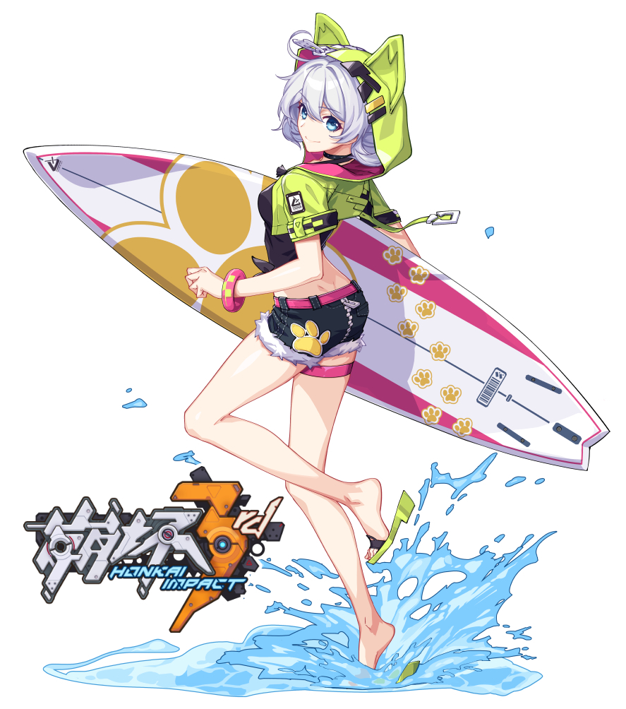 1girl animal_hood bangs belt black_shirt black_shorts blue_eyes bracelet cat_hood closed_mouth double_bun full_body green_jacket holding holding_surfboard honkai_(series) honkai_impact_3rd hood jacket jewelry kiana_kaslana kiana_kaslana_(knight_moonbeam) looking_at_viewer looking_to_the_side official_art open_clothes open_jacket sandals shirt short_sleeves shorts simple_background smile solo sougishi_ego summer_uniform surfboard water white_background white_hair