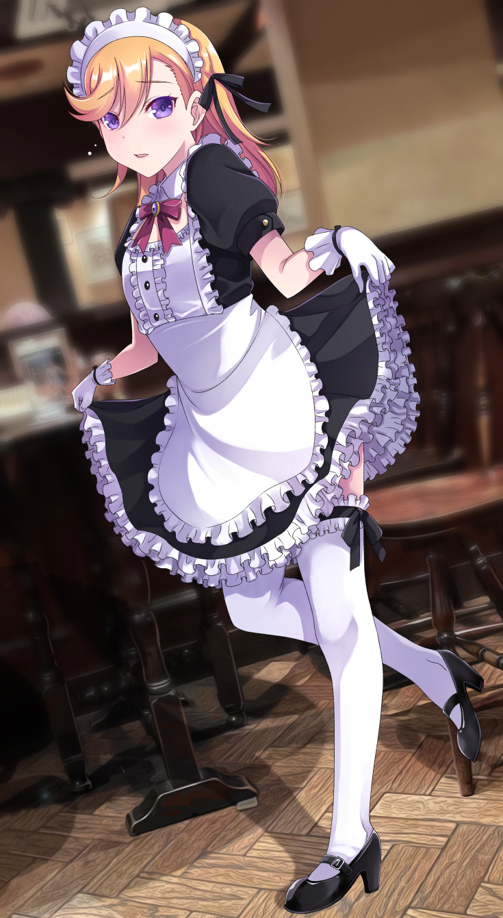 1girl alternate_costume apron bangs black_footwear black_ribbon black_shirt black_skirt blurry blurry_background blush bow bowtie brown_hair dress_shirt enmaided eyebrows_visible_through_hair frilled_apron frilled_skirt frills full_body gloves hair_between_eyes hair_ribbon highres indoors inui_sekihiko layered_skirt long_hair looking_at_viewer love_live! love_live!_superstar!! maid maid_headdress miniskirt open_mouth red_bow red_bowtie ribbon shibuya_kanon shiny shiny_hair shirt short_sleeves skirt skirt_hold solo thigh-highs violet_eyes waist_apron white_apron white_gloves white_legwear wooden_floor