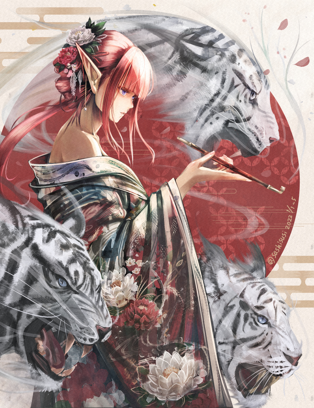 1girl 2022 bangs bare_shoulders chinese_zodiac dated earrings fangs flower from_side hair_ornament highres japanese_clothes jewelry kimono new_year original petals pipe pointy_ears redhead smoke smoking solo sushi_(sashimise) tiger tiger_stripes twitter_username white_tiger year_of_the_tiger