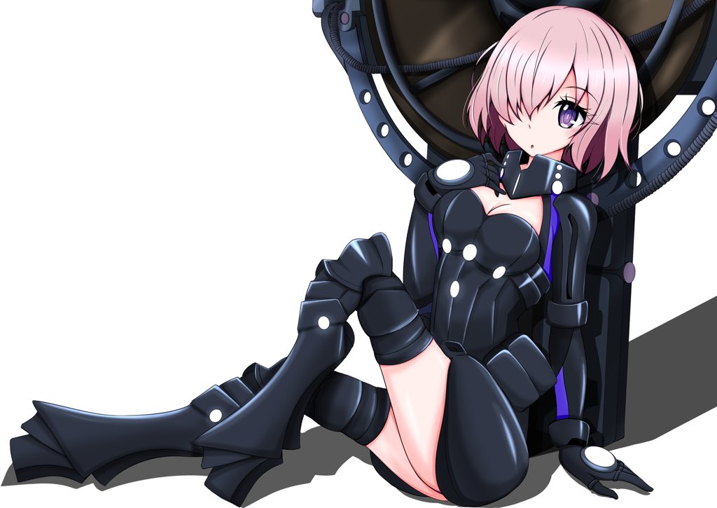 1girl armor bare_shoulders black_armor black_gloves breastplate closed_mouth clouds cloudy_sky commentary_request elbow_gloves eyebrows_visible_through_hair eyes_visible_through_hair fate/grand_order fate_(series) gloves grass hair_over_one_eye highres holding holding_shield holding_weapon kaserio light_purple_hair looking_at_viewer mash_kyrielight mountain out_of_frame outdoors pov purple_eyes purple_gloves shield shielder_(fate/grand_order) short_hair two-tone_gloves weapon