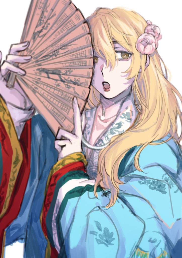 1girl alternate_costume bangs blonde_hair blue_kimono brumouss ears_visible_through_hair eyebrows eyebrows_visible_through_hair eyelashes fingernails floral_print flower folding_fan hair_flower hair_ornament hand_fan holding holding_fan japanese_clothes kimono long_hair long_sleeves looking_to_the_side medium_hair open_mouth pink_flower pink_lips pink_rose rose sano_emma shirt solo teeth tokyo_revengers traditional_clothes twitter_username upper_teeth white_background white_shirt yellow_eyes