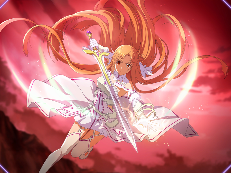 1girl armor armored_dress asuna_(stacia) bracelet breastplate brown_hair closed_mouth detached_collar dress floating_hair frown game_cg garter_straps gloves holding holding_sword holding_weapon jewelry leg_up long_hair looking_at_viewer red_eyes red_sky short_dress sky sleeveless sleeveless_dress solo sword sword_art_online sword_art_online:_alicization_rising_steel thigh-highs very_long_hair weapon white_dress white_gloves white_legwear