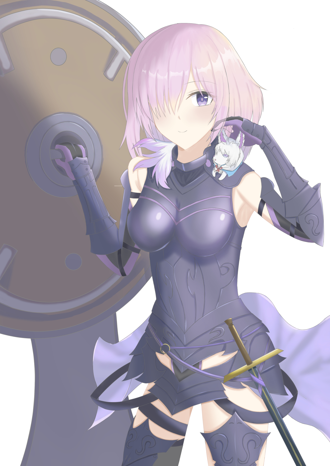 1girl animal armor bare_shoulders black_armor black_gloves breastplate closed_mouth clouds cloudy_sky commentary_request elbow_gloves eyebrows_visible_through_hair eyes_visible_through_hair fate/grand_order fate_(series) fou_(fate/grand_order) gloves grass hair_over_one_eye highres holding holding_shield holding_weapon light_purple_hair looking_at_viewer mash_kyrielight menell out_of_frame outdoors pov purple_eyes purple_gloves shield shielder_(fate/grand_order) short_hair two-tone_gloves weapon