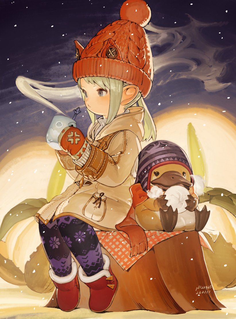 1girl artist_name avatar_(ff14) baozi beanie beige_coat blanket boots coat commentary cup final_fantasy final_fantasy_xiv floral_print food from_side full_body fur-trimmed_boots fur_trim green_hair grey_eyes hat holding holding_cup holding_food hood hood_down hooded_coat lalafell medium_hair mittens mug n122425 pantyhose platypus pocket pointy_ears red_footwear red_headwear red_scarf scarf signature sitting sitting_on_tree_stump snowing solo steam symbol-only_commentary tree_stump twintails winter winter_clothes winter_coat