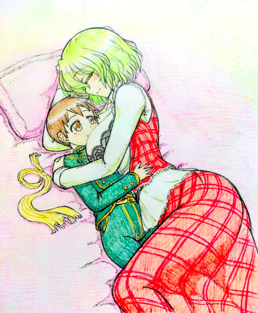 1boy 1girl affectionate age_difference bed black_bra bra breast_smother breasts brown_eyes brown_hair child cuddling dress face_to_breasts green_hair happy hetero hug kazami_yuuka large_breasts long_sleeves looking_at_another lying mature_female on_back on_side p-man-daikaku pajamas pillow plaid plaid_skirt plaid_vest short_hair skirt smile spooning touhou underwear vest