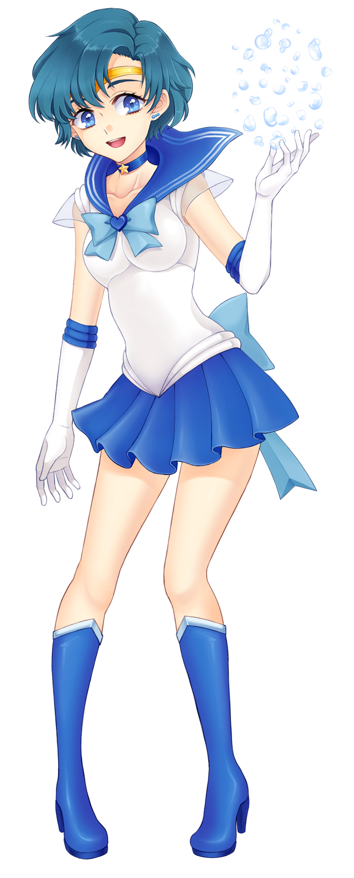 1girl back_bow bangs bishoujo_senshi_sailor_moon blue_bow blue_choker blue_eyes blue_hair blue_sailor_collar blue_skirt bob_cut bow choker commentary_request curie earrings elbow_gloves from_side gloves hand_on_own_arm highres jewelry leotard looking_at_viewer magical_girl miniskirt mizuno_ami oyaman pleated_skirt sailor_collar sailor_mercury sailor_senshi_uniform short_hair skirt sleeveless smile solo standing stud_earrings tiara white_gloves white_leotard