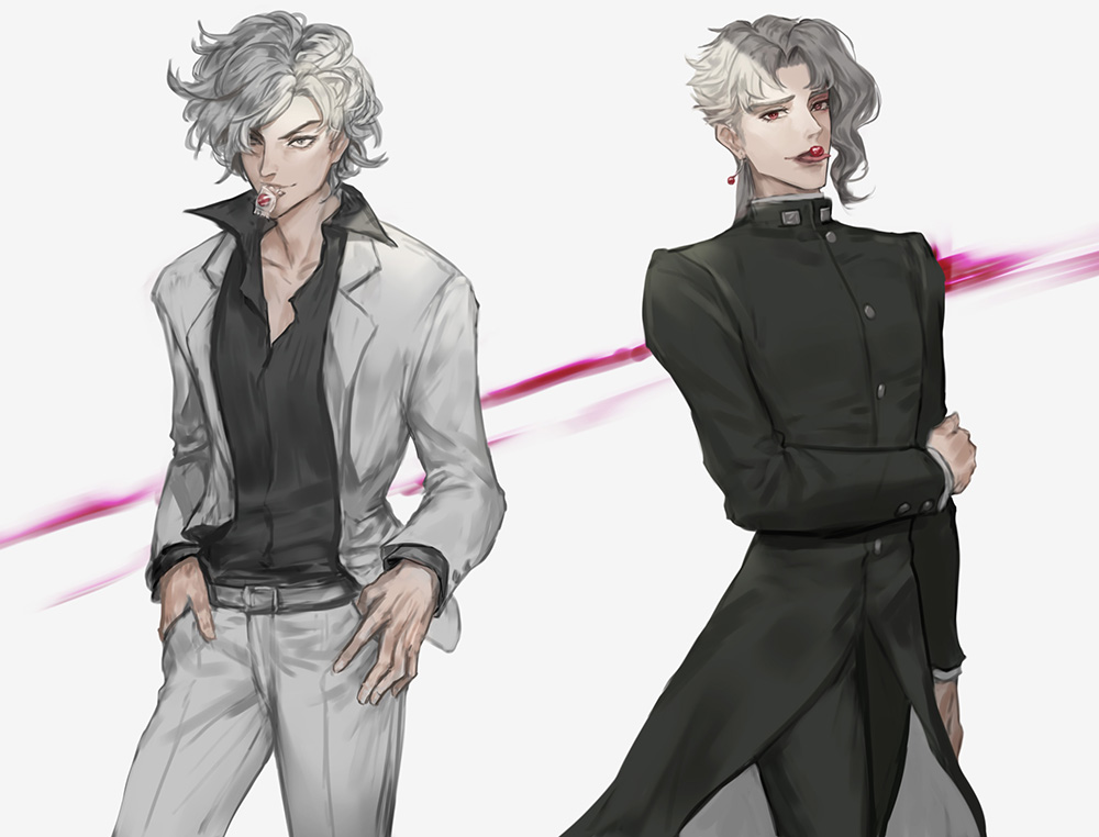 2boys character_request cherry condom condom_in_mouth food fruit gakuran grey_hair hands_in_pockets holding_own_arm jojo_no_kimyou_na_bouken kakyoin_noriaki kankito long_coat male_focus mouth_hold multiple_boys red_eyes rero_rero school_uniform silver_hair stardust_crusaders white_hair