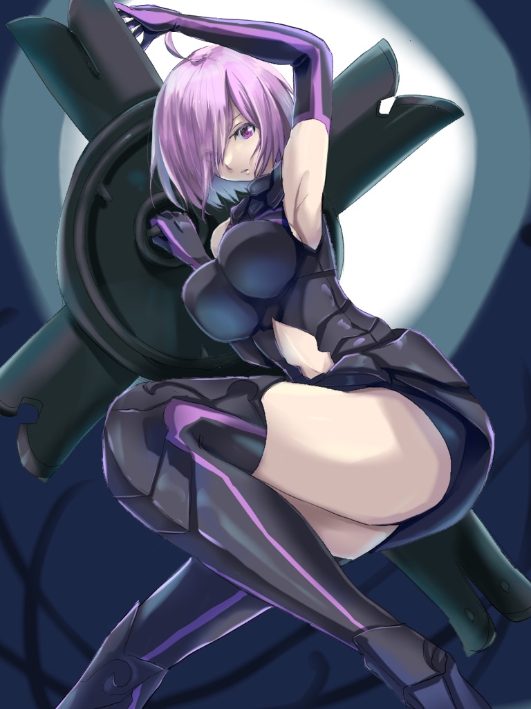 1girl armor armored_dress bare_shoulders breasts elbow_gloves eyebrows_visible_through_hair fate/grand_order fate_(series) gloves lavender_hair looking_at_viewer mash_kyrielight medium_breasts noshinoshi8 purple_eyes purple_gloves shield shielder_(fate/grand_order) short_hair smile solo thigh-highs