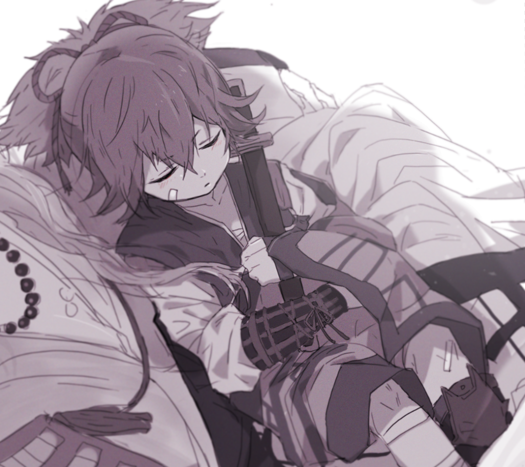 1boy armor hair_ribbon japanese_armor japanese_clothes kote male_focus monochrome ponytail ribbon sayo_samonji sepia sheath sheathed short_sword sleeping solo sword tantou touken_ranbu weapon yway1101